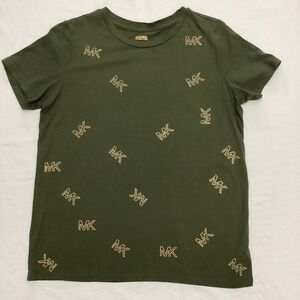 Michael Kors MK Logo Studded Olive Green Cotton Blend TShirt Womens Size S